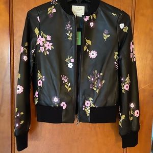 NWT Kate Spade Floral Leather Ma Cherie In Bloom Bomber Jacket Black XS